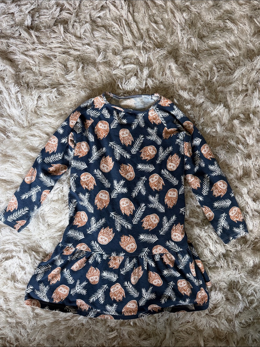 Girls Navy Owl Print Long-Sleeve Casual Dress for Kids